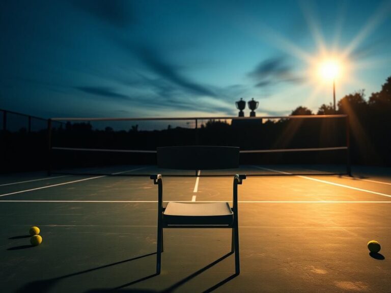 Flick International Tennis court under twilight sky with scattered tennis balls and an empty chair