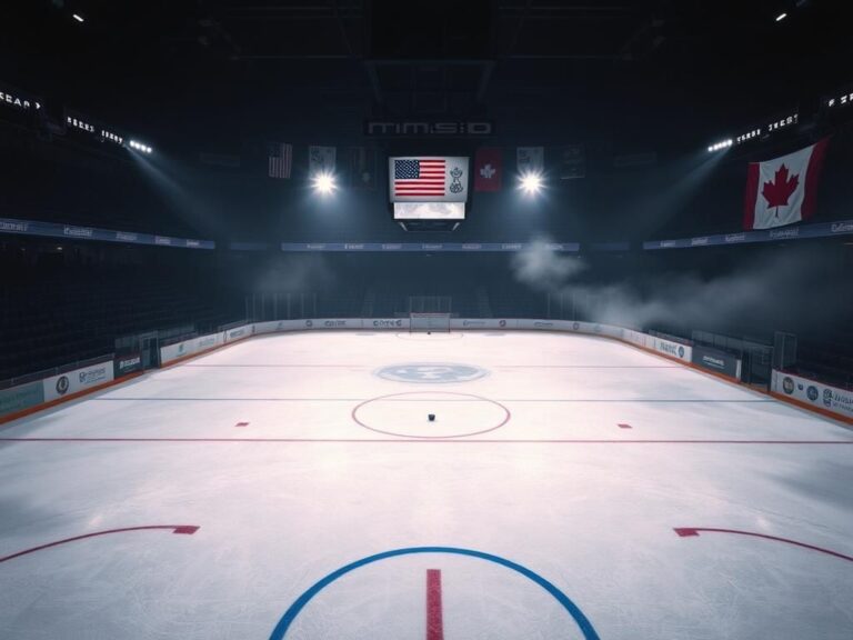 Flick International Empty hockey rink with fresh skate marks and puck in goal, reflecting tension before finals match