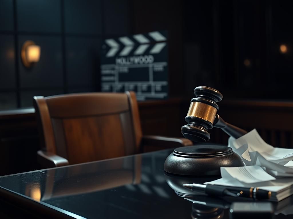 Flick International Dramatic courtroom scene with gavel and empty wooden bench symbolizing legal battles