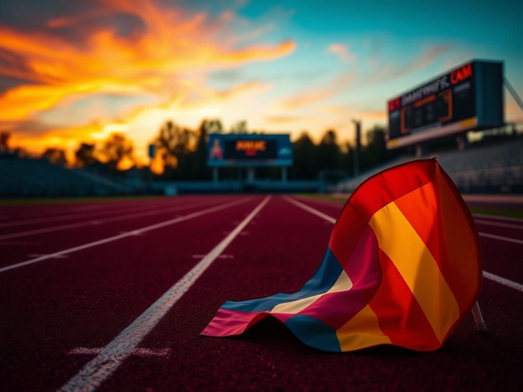 Flick International A dramatic sunset over an empty running track with a rainbow flag representing the transgender community