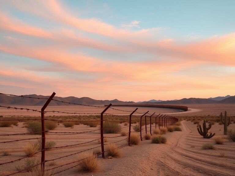 Flick International A serene scene of the U.S. southern border at dawn with a winding barbed wire fence.