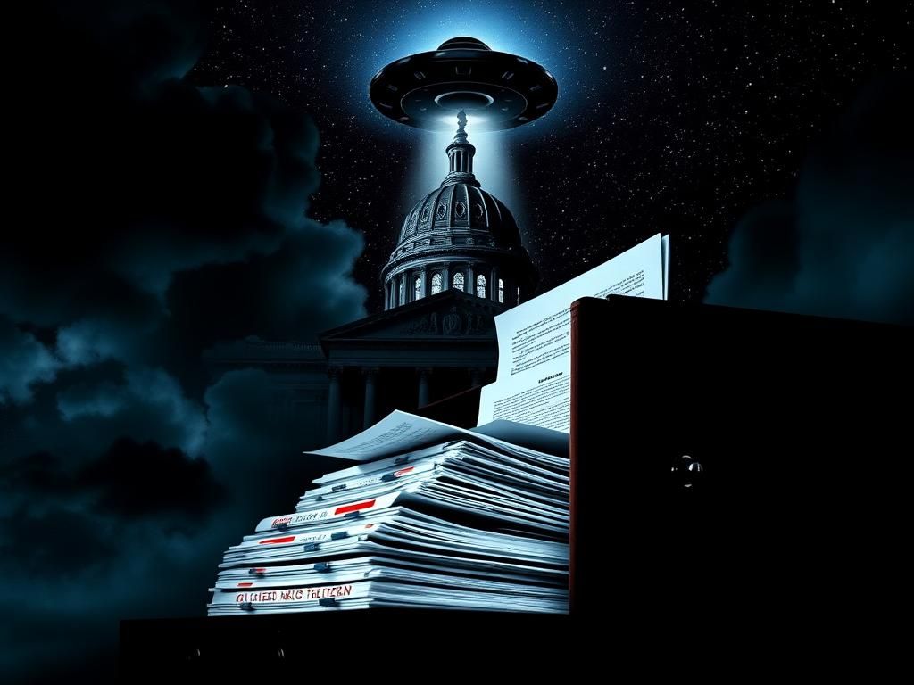 Flick International Shadowy government building symbolizing secrecy with a filing cabinet revealing classified documents