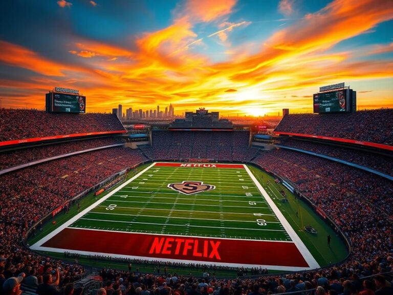 Flick International A bird's-eye view of a vibrant NFL stadium filled with cheering fans and a Netflix logo in the end zone