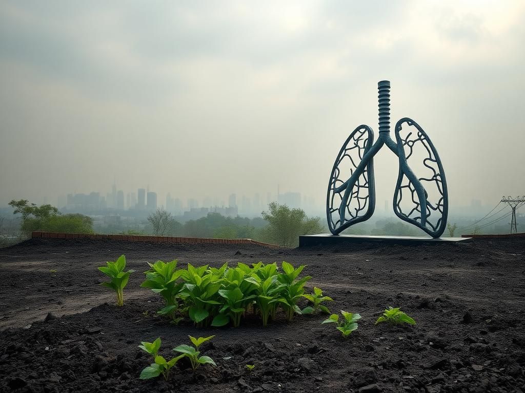 Flick International A serene urban landscape depicting air pollution with green plants in ashen soil and a broken lung sculpture