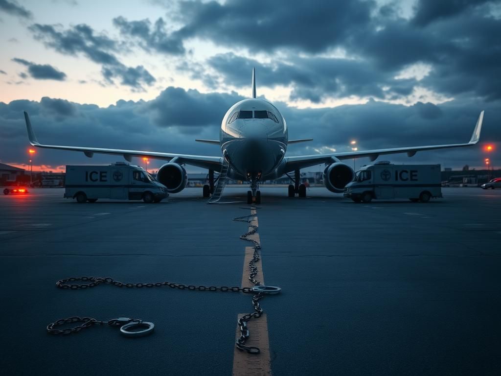 Flick International Somber airport tarmac scene with a large commercial airplane prepared for deportation