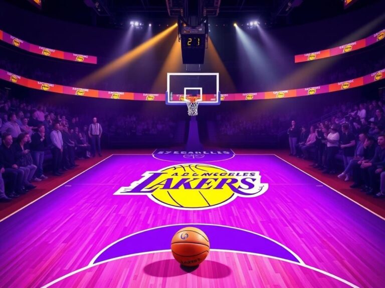 Flick International A vibrant basketball court scene featuring the Los Angeles Lakers colors with Luka Doncic's new journey symbolized by a basketball.