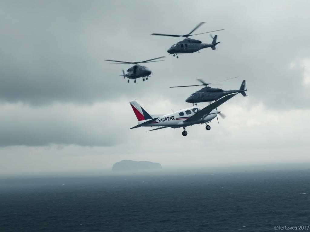 Flick International Chinese navy helicopter hovering closely above a Philippine patrol plane over the South China Sea