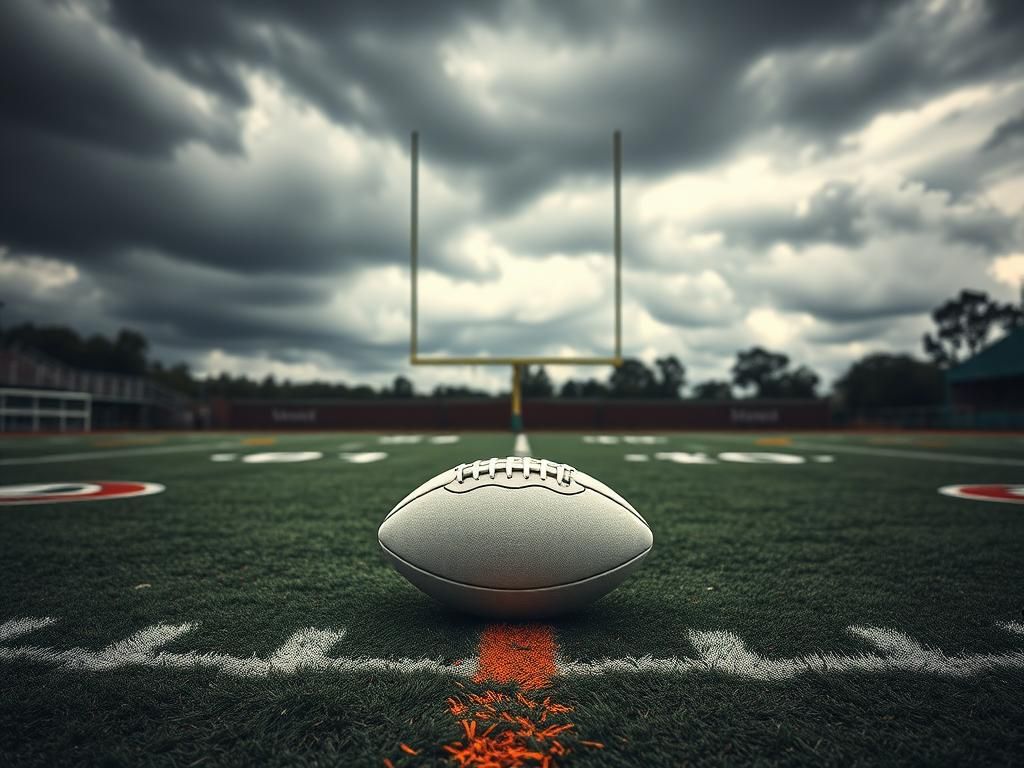 Flick International Dramatic football field scene under moody sky with deflated football