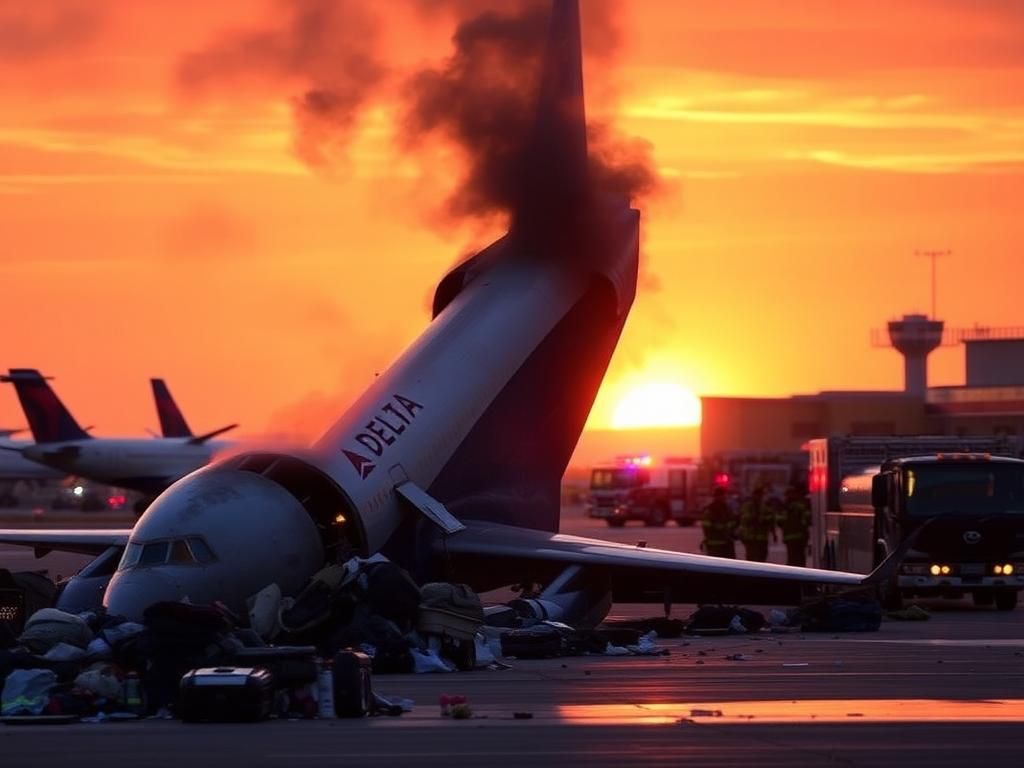 Flick International Delta Airlines jet turned upside down amidst emergency response vehicles at Toronto Pearson International Airport