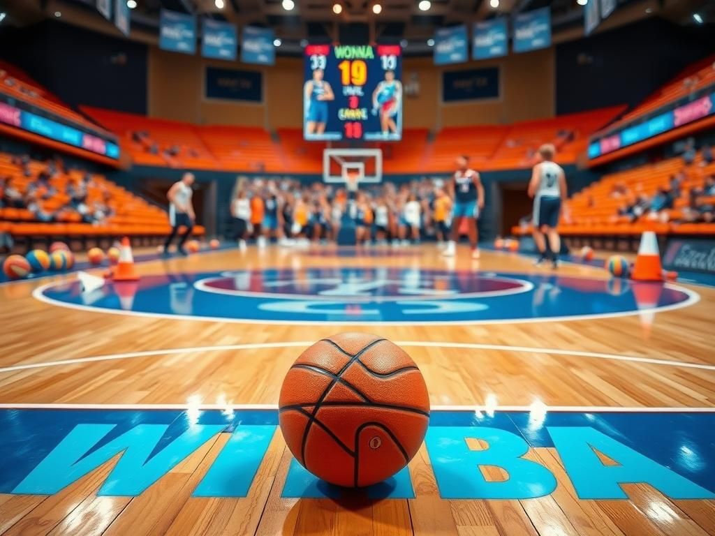 Flick International Vibrant basketball court with WNBA logos and a shining basketball near the free-throw line