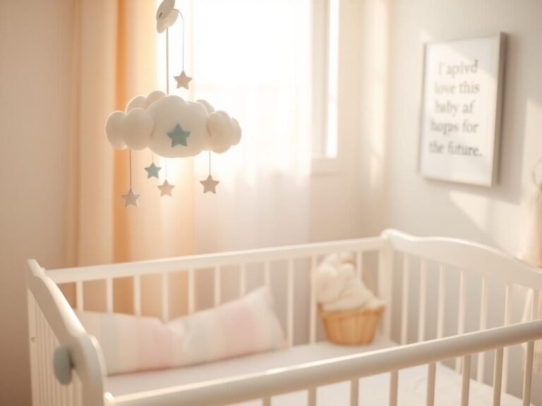 Flick International Close-up of a serene baby nursery with soft pastel colors and a plush mobile