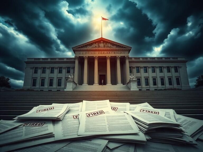 Flick International Exterior of a government building representing the Justice Department under dark storm clouds