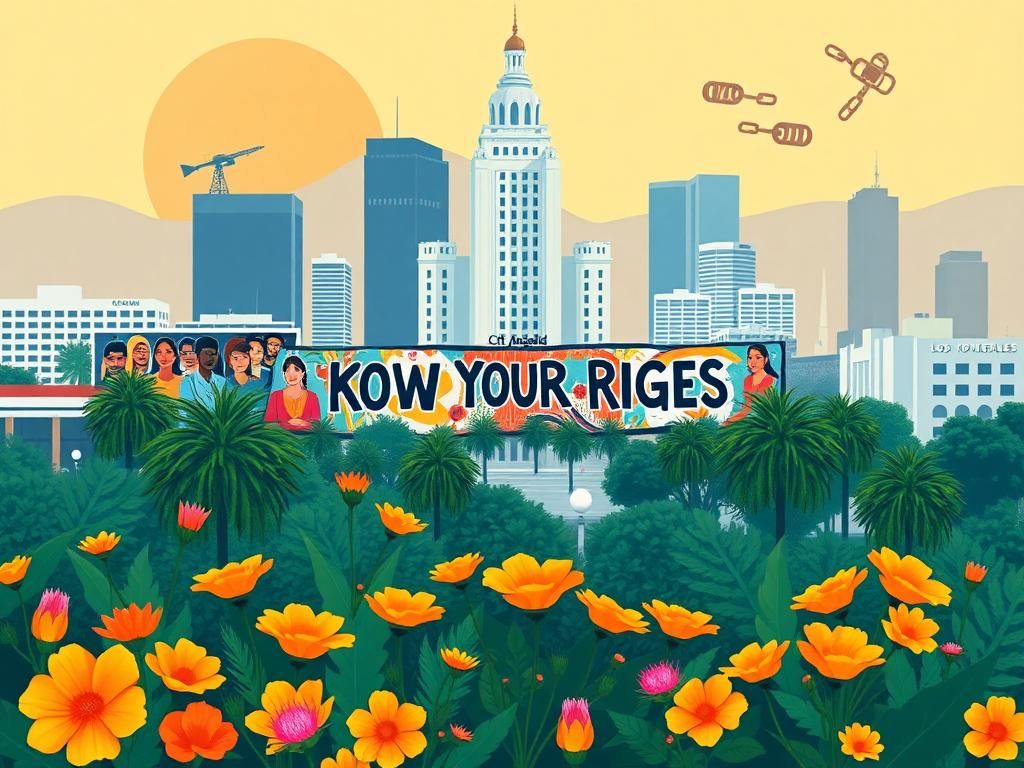 Flick International A vibrant cityscape of Los Angeles with City Hall, colorful murals celebrating immigrant cultures, and symbols of resilience.