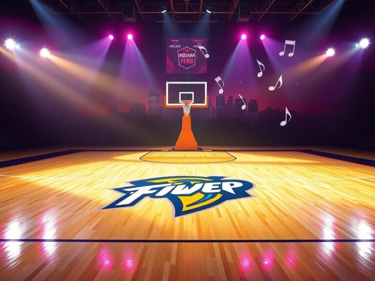 Flick International A vibrant basketball court featuring the Indiana Fever logo with celebrity-inspired elements