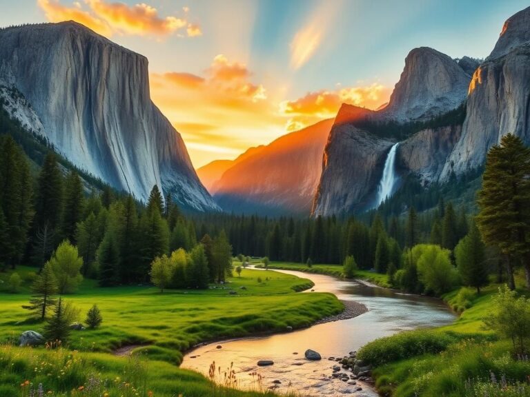 Flick International Breathtaking sunrise over Yosemite National Park with granite cliffs and a winding river