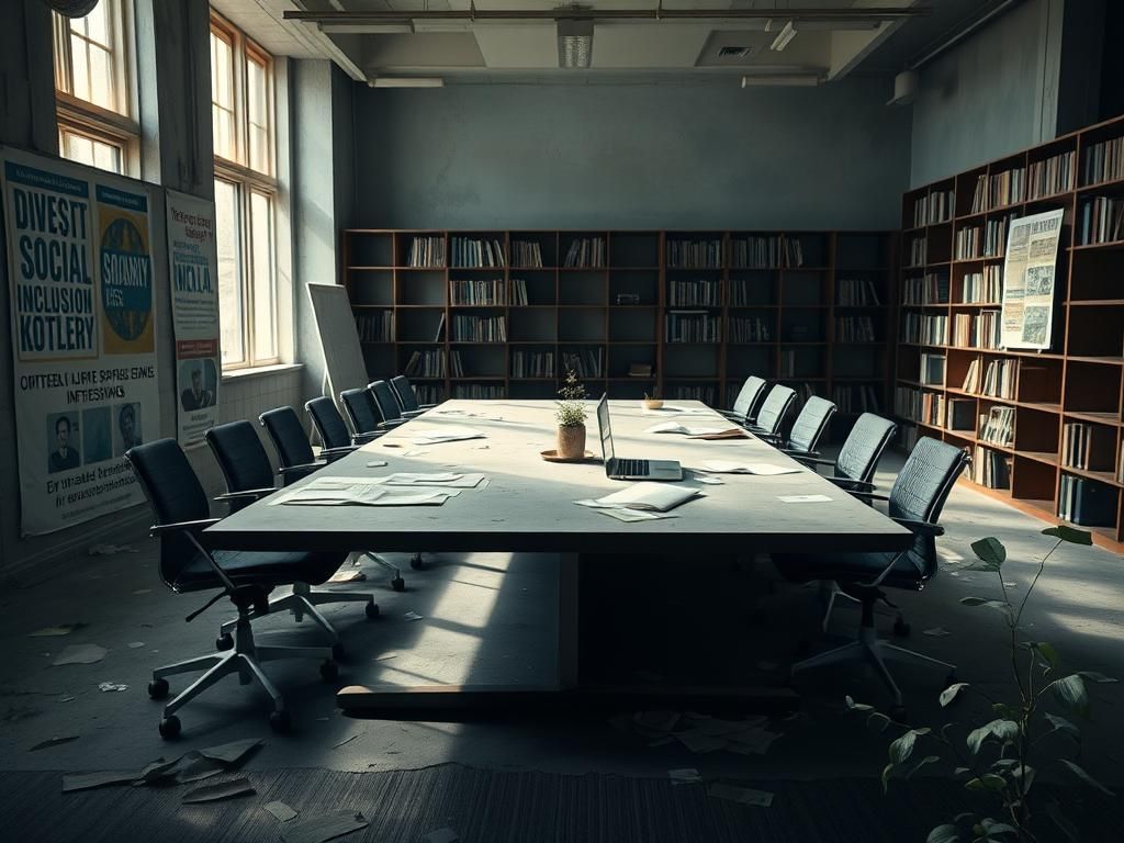 Flick International Abandoned office space with empty conference table and faded diversity posters