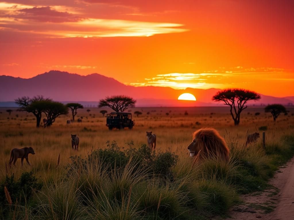 Flick International Majestic lion resting in South African savanna during sunset