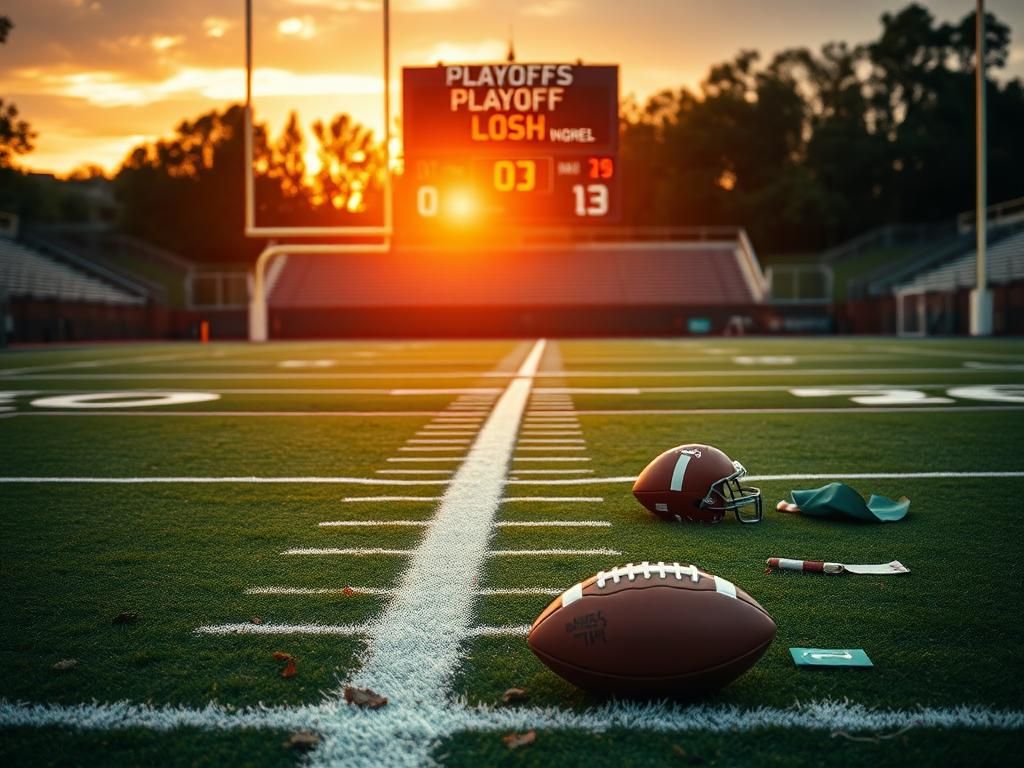 Flick International A football field during a sunset, showing yard markers and a scoreboard reflecting a playoff loss