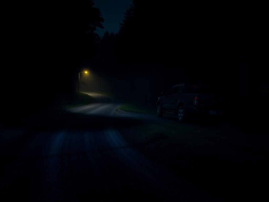 Flick International A black pickup truck parked on a winding country road at night