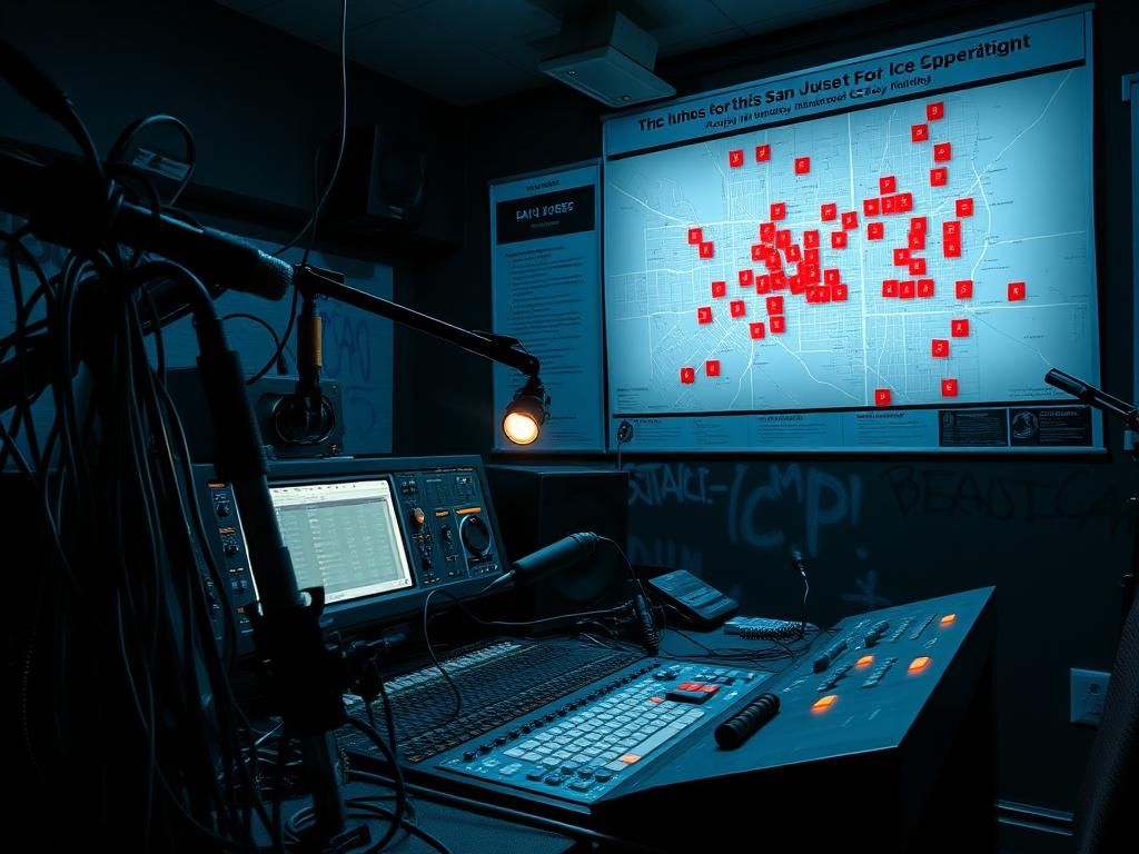 Flick International Dimly lit radio studio with microphones and a control panel illustrating urgency in reporting ICE locations