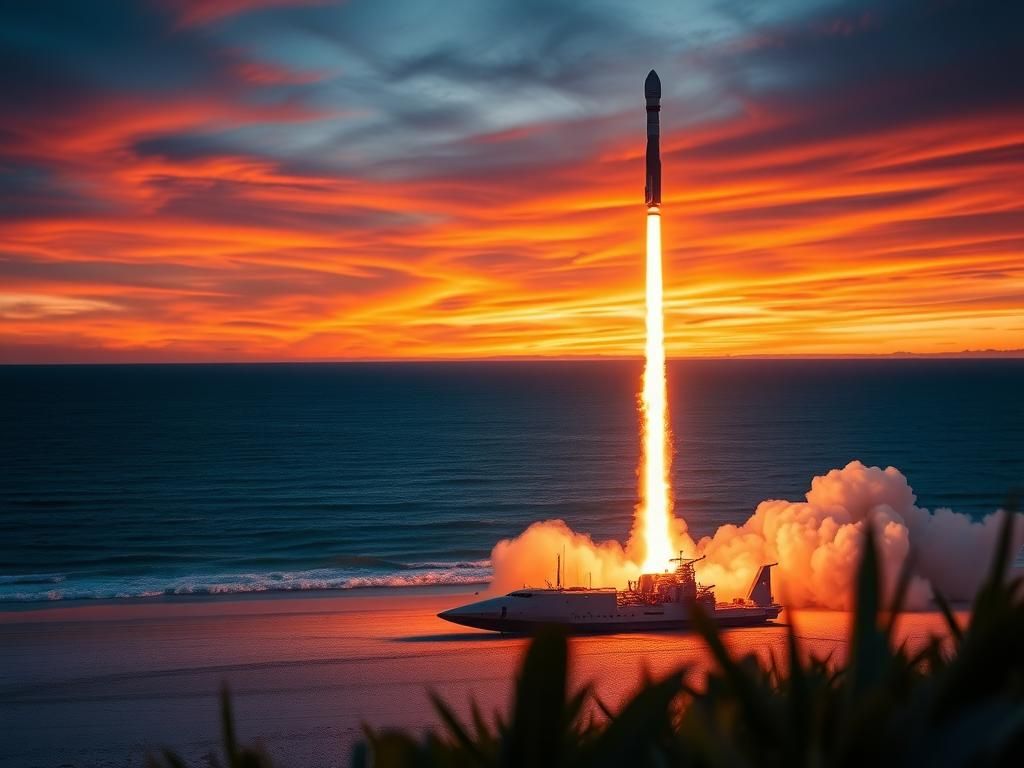 Flick International SpaceX Falcon 9 rocket launching from Cape Canaveral, Florida against a sunset sky