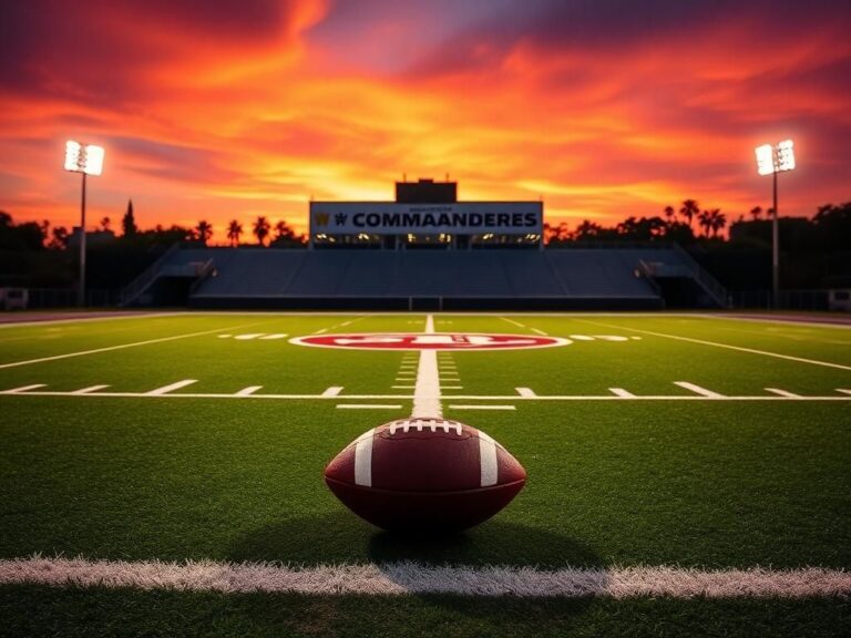 Flick International A football field at dusk with a dramatic sunset and the Washington Commanders logo in the end zone