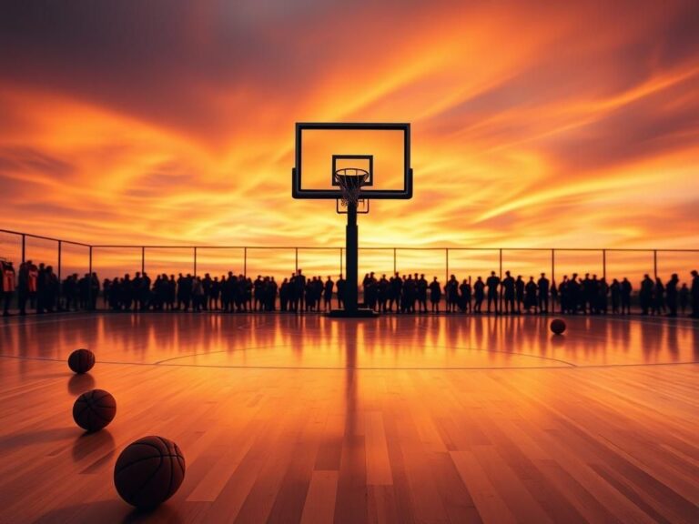 Flick International Emotional basketball court scene at sunset with empty hoop and scattered jerseys