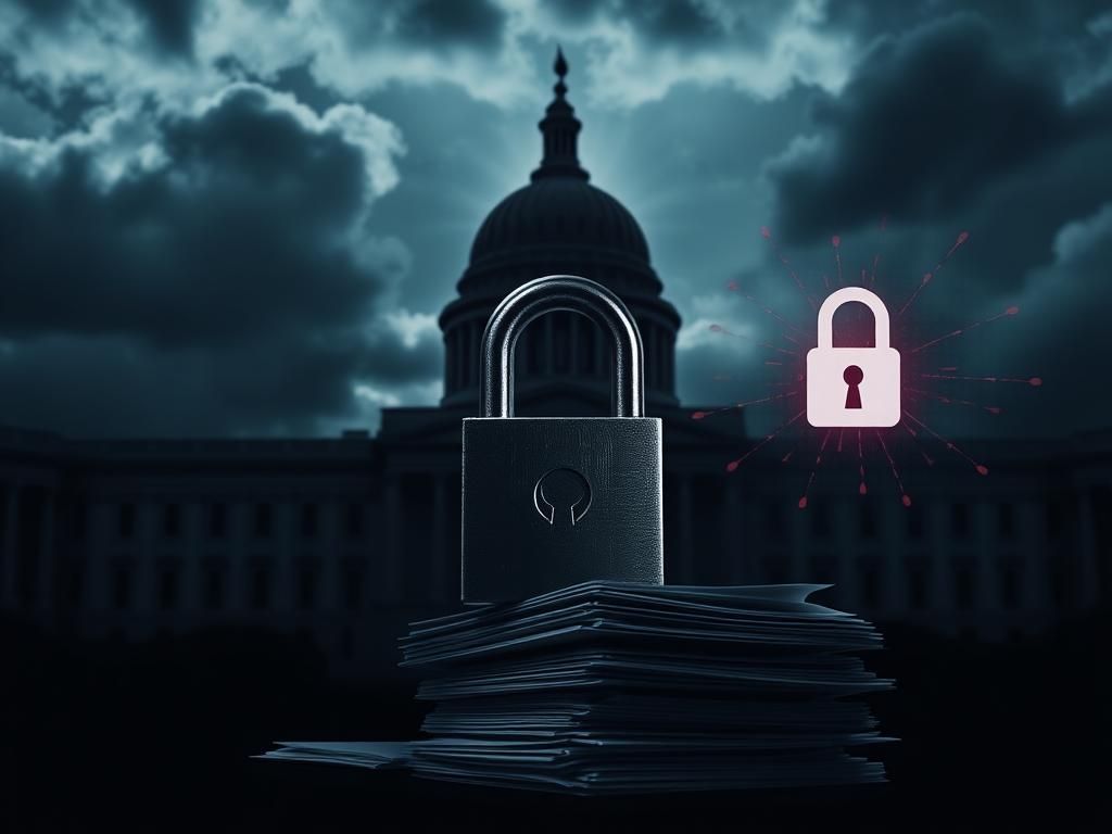 Flick International Stark image of a shadowy government building with an ominous lock over confidential files