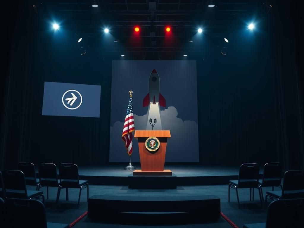 Flick International Dramatic image of an empty stage with a presidential podium and patriotic flags