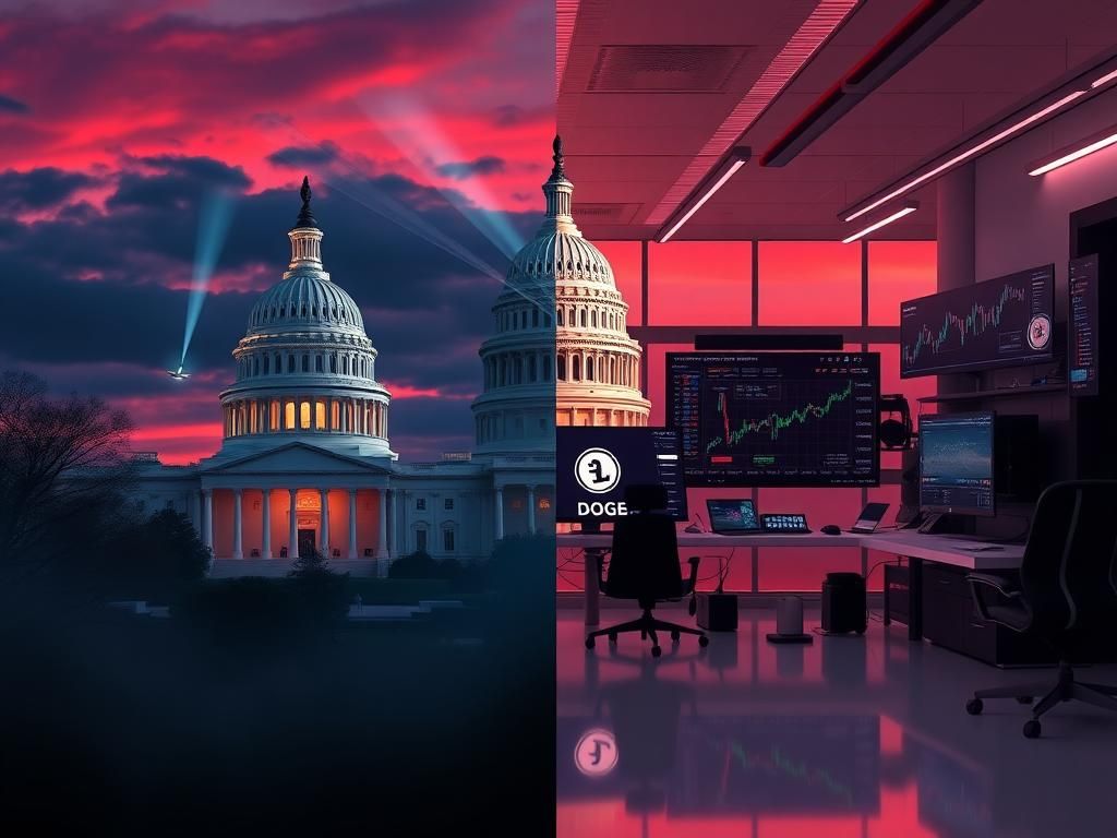 Flick International Artistic depiction of the U.S. Capitol building at twilight next to a high-tech office setting