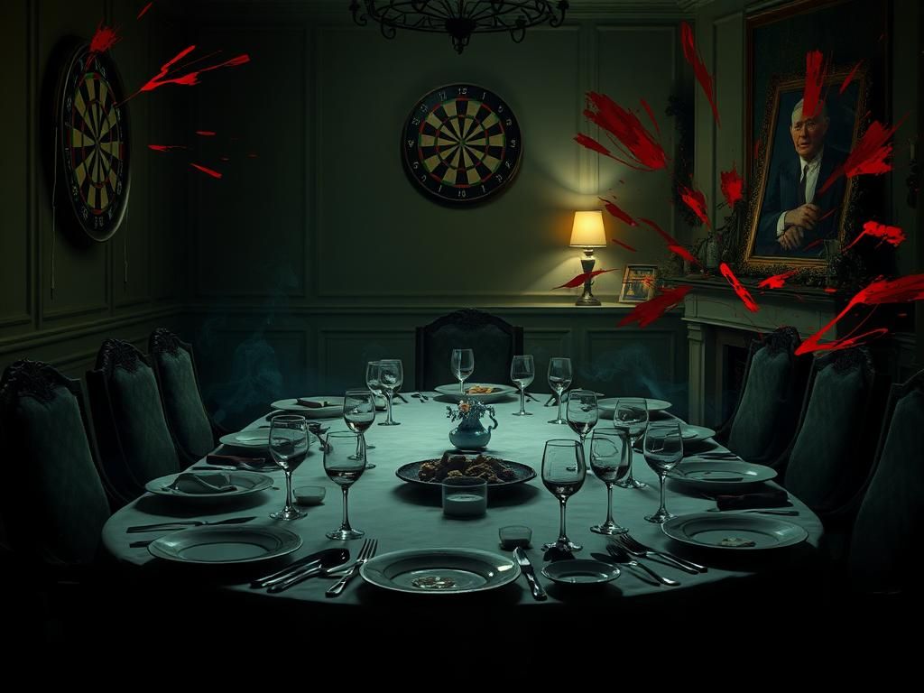 Flick International Dimly lit dinner party table with gourmet dishes and tense atmosphere