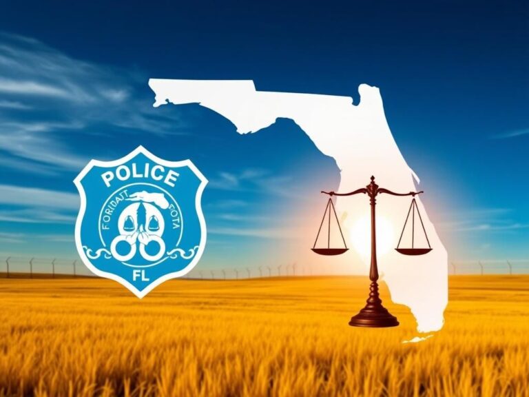 Flick International High-contrast image of Florida landscape with police badge and justice scales