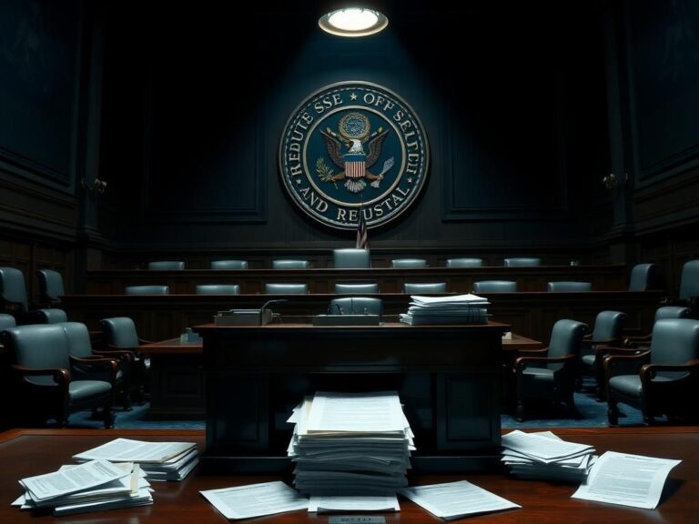 Flick International Dimly-lit legislative chamber with empty seats and a large wooden desk stacked with Medicaid budget reports