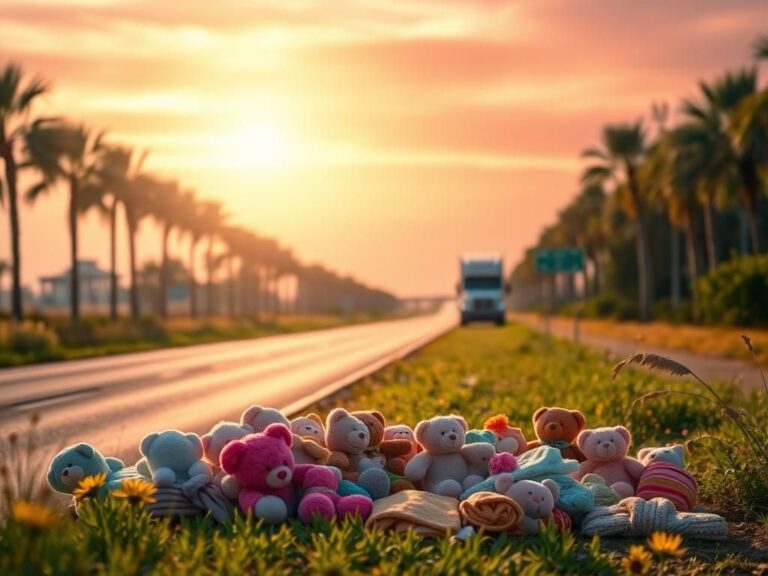 Flick International Sunlit stretch of Highway 4 in Florida with teddy bears symbolizing hope