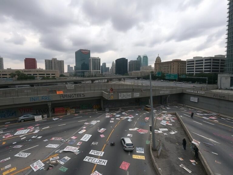 Flick International A chaotic urban landscape of downtown Los Angeles with vibrant graffiti and remnants of protests