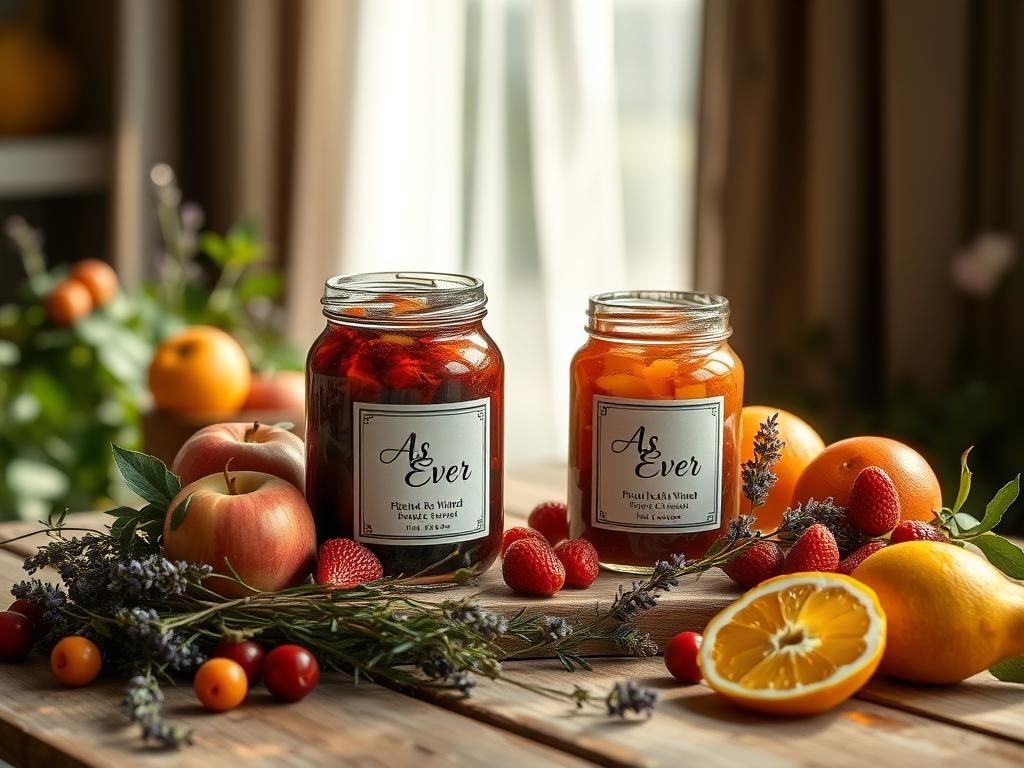 Flick International Serene still-life with jars of fruit preserves and organic fruits on a rustic table