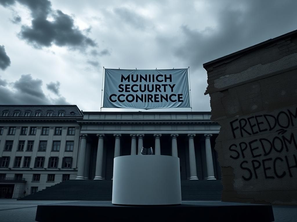 Flick International Dramatic view of the Munich Security Conference venue with an empty podium symbolizing the absence of dialogue