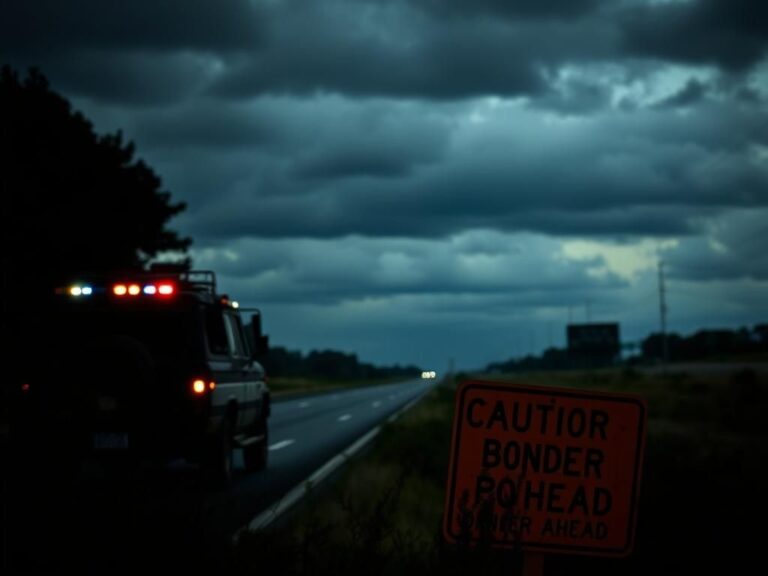 Flick International Dimly lit highway with shadowy trees and a blurred border patrol vehicle flashing lights