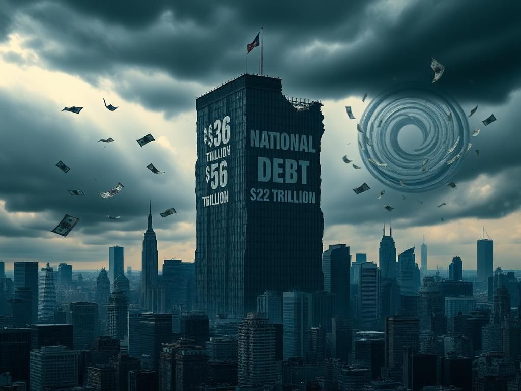 Flick International A crumbling city skyline symbolizing economic decline with a towering building labeled 'National Debt'