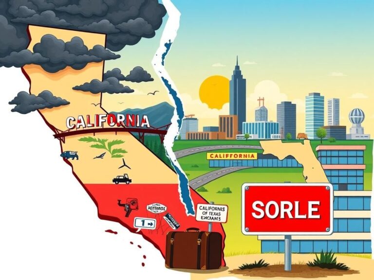 Flick International Stylized illustration of California map fading, with iconic landmarks and symbols of business exodus.