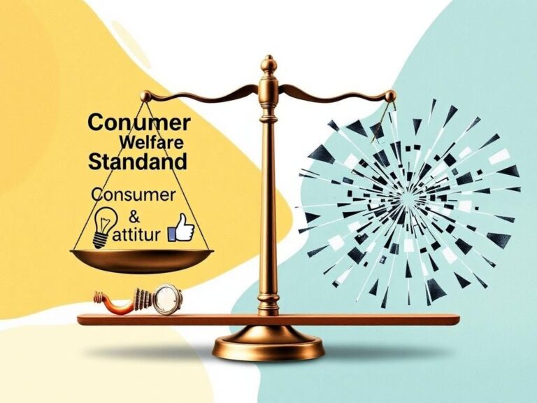 Flick International A visual representation of the balance between consumer welfare and antitrust regulation, featuring a scale and symbolic icons.