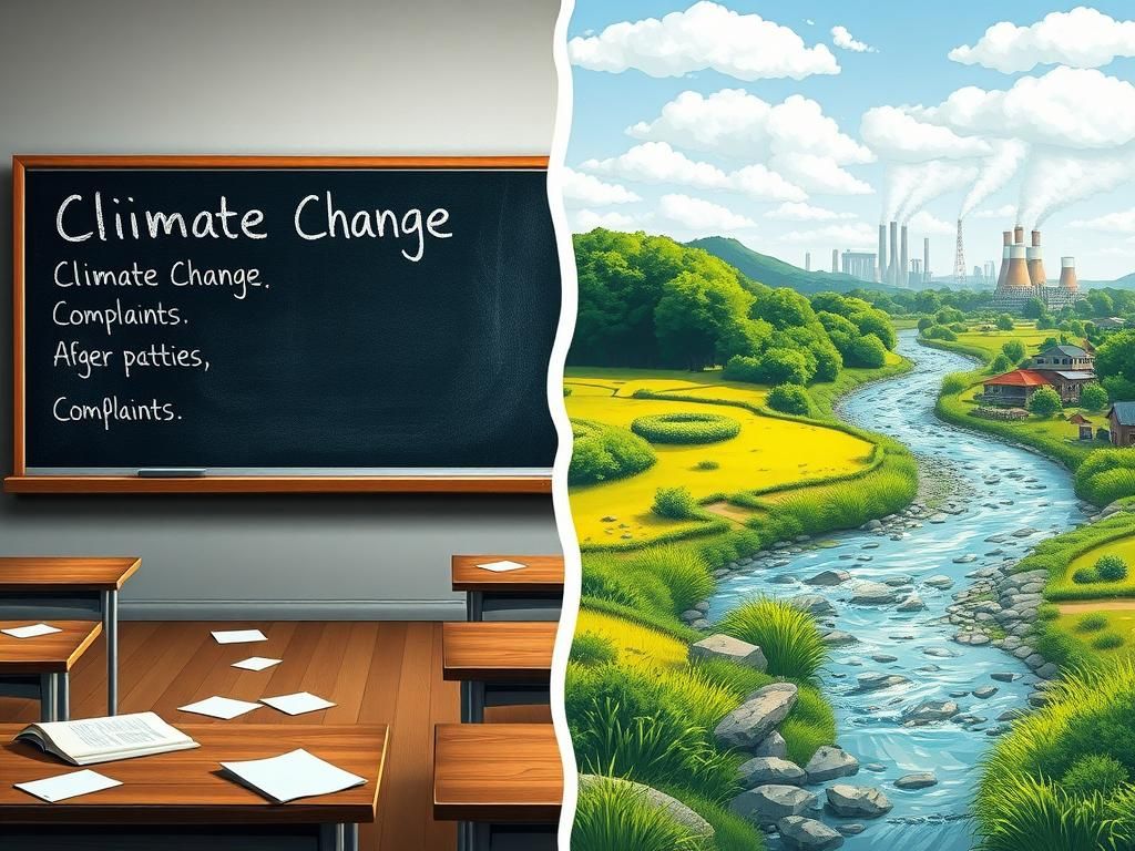 Flick International Classroom setting with desks and chalkboard discussing climate change and student complaints