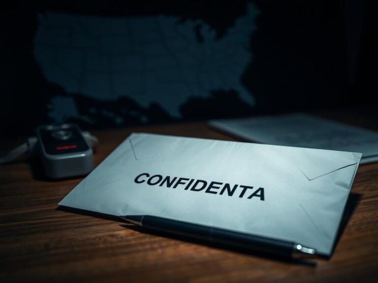 Flick International Close-up of a sealed envelope marked 'CONFIDENTIAL' on a wooden table with a polygraph machine in the background