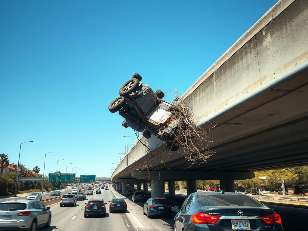 Flick International Dramatic view of a vehicle dangling from an overpass over a busy Sacramento freeway