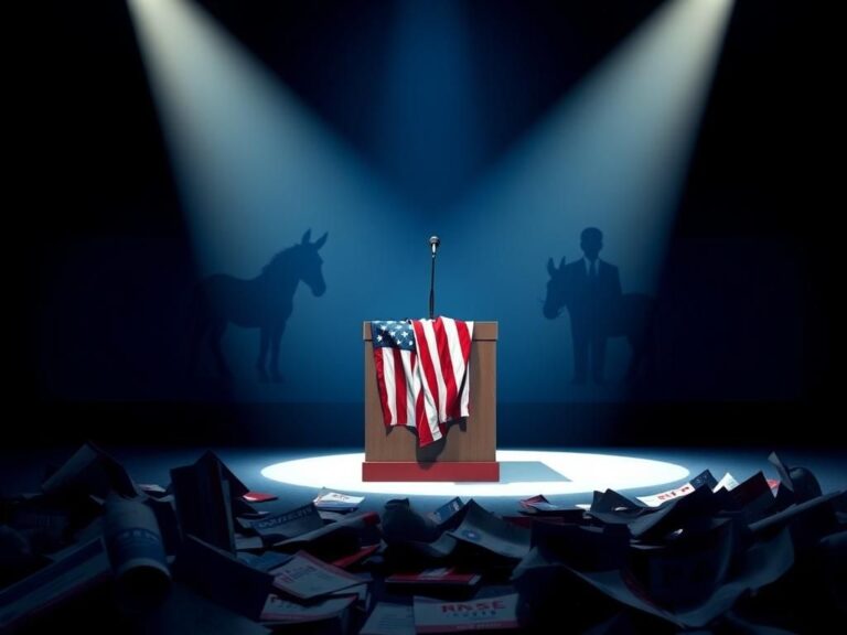 Flick International A dramatic view of an empty podium under spotlight, symbolizing the void of leadership in American politics