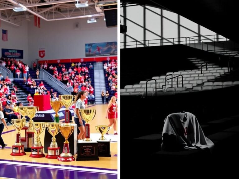 Flick International Split image of NCAA's trans-athlete policy debate with a vibrant women's sports scene and a stark, empty sports arena