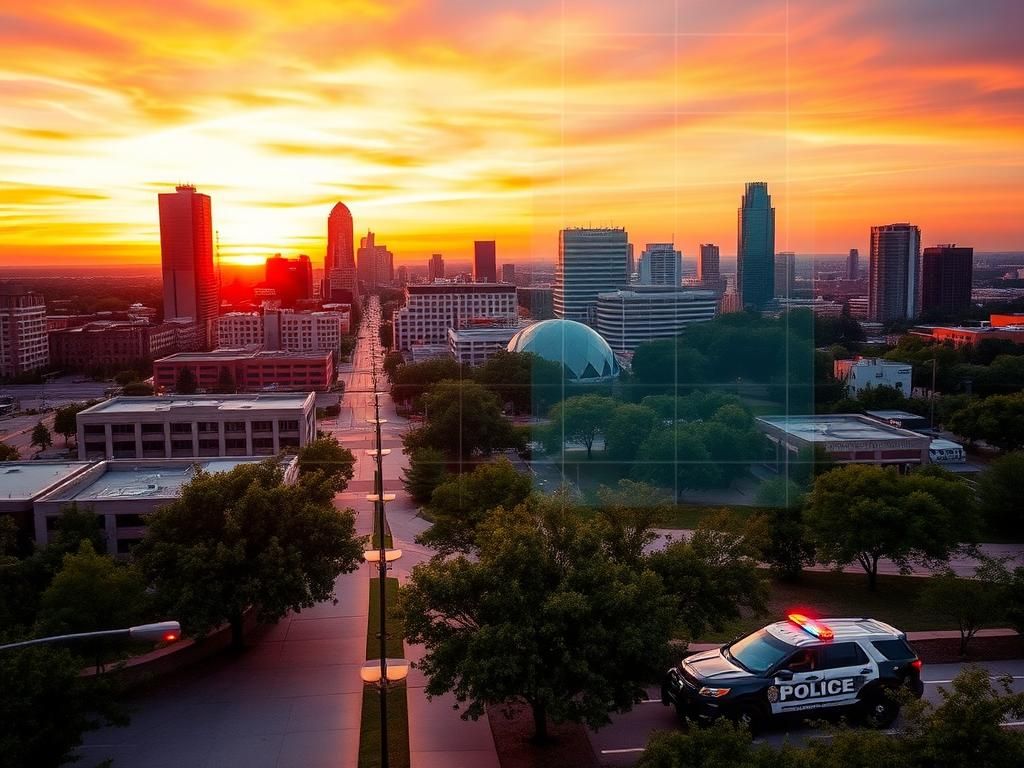 Flick International Aerial view of Dallas cityscape at dusk with police grid overlay