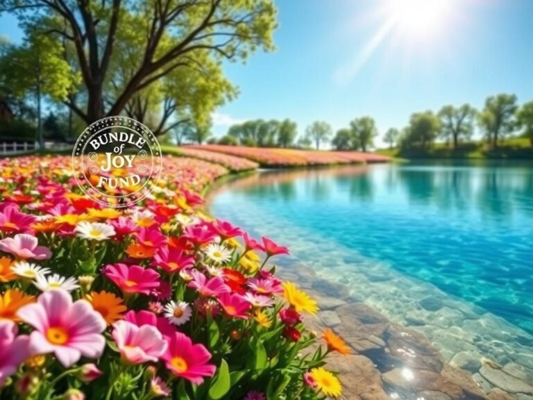 Flick International A serene garden with colorful flowers and a tranquil lake, symbolizing hope and new beginnings.