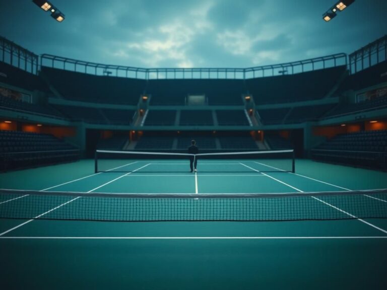 Flick International Close-up view of a tennis court with vibrant colors under evening light, highlighting emotional tension.