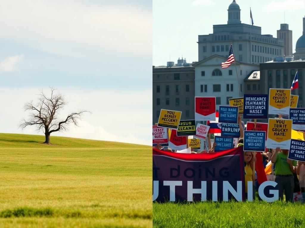 Flick International A split-screen image contrasting passive and active Democratic strategies against Trump.